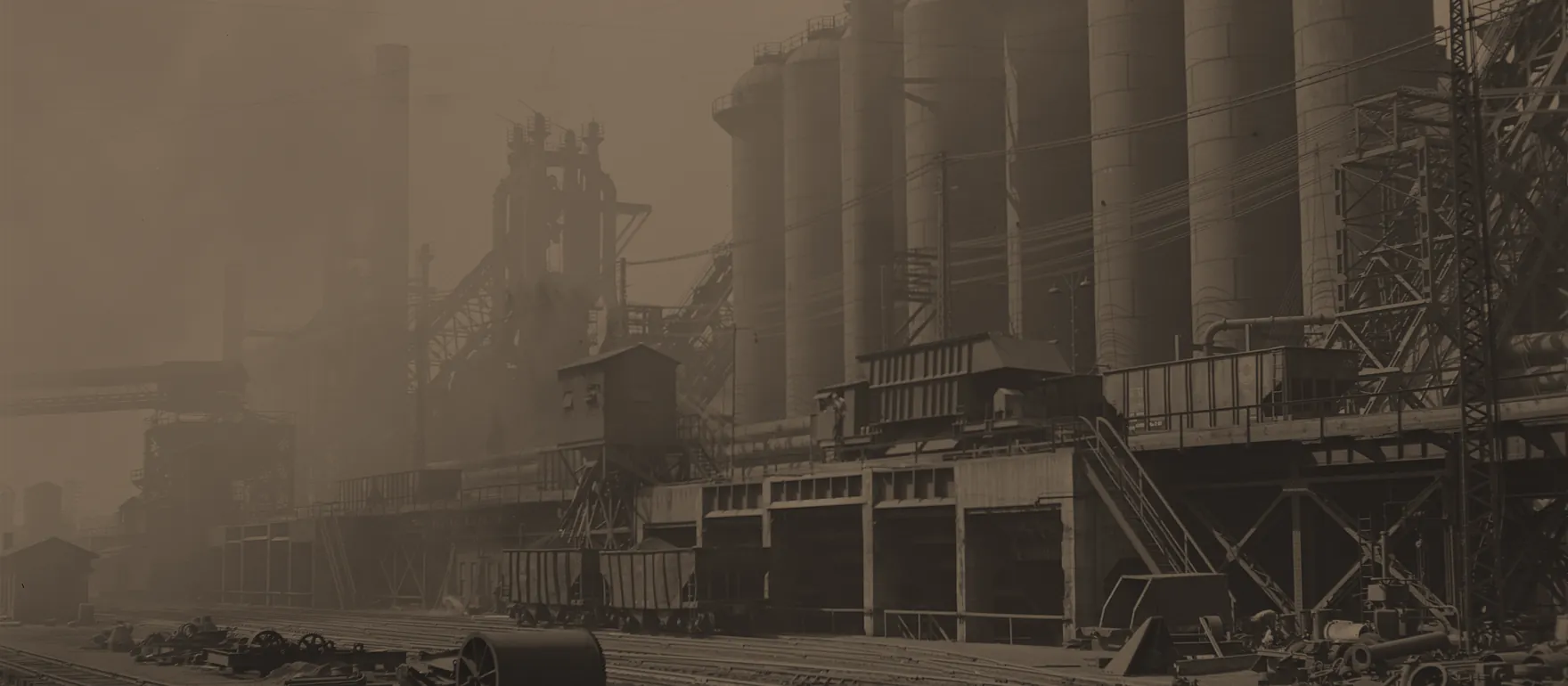 A steel works: blast furnaces, storage silos, and rail cars under a hazy sky
